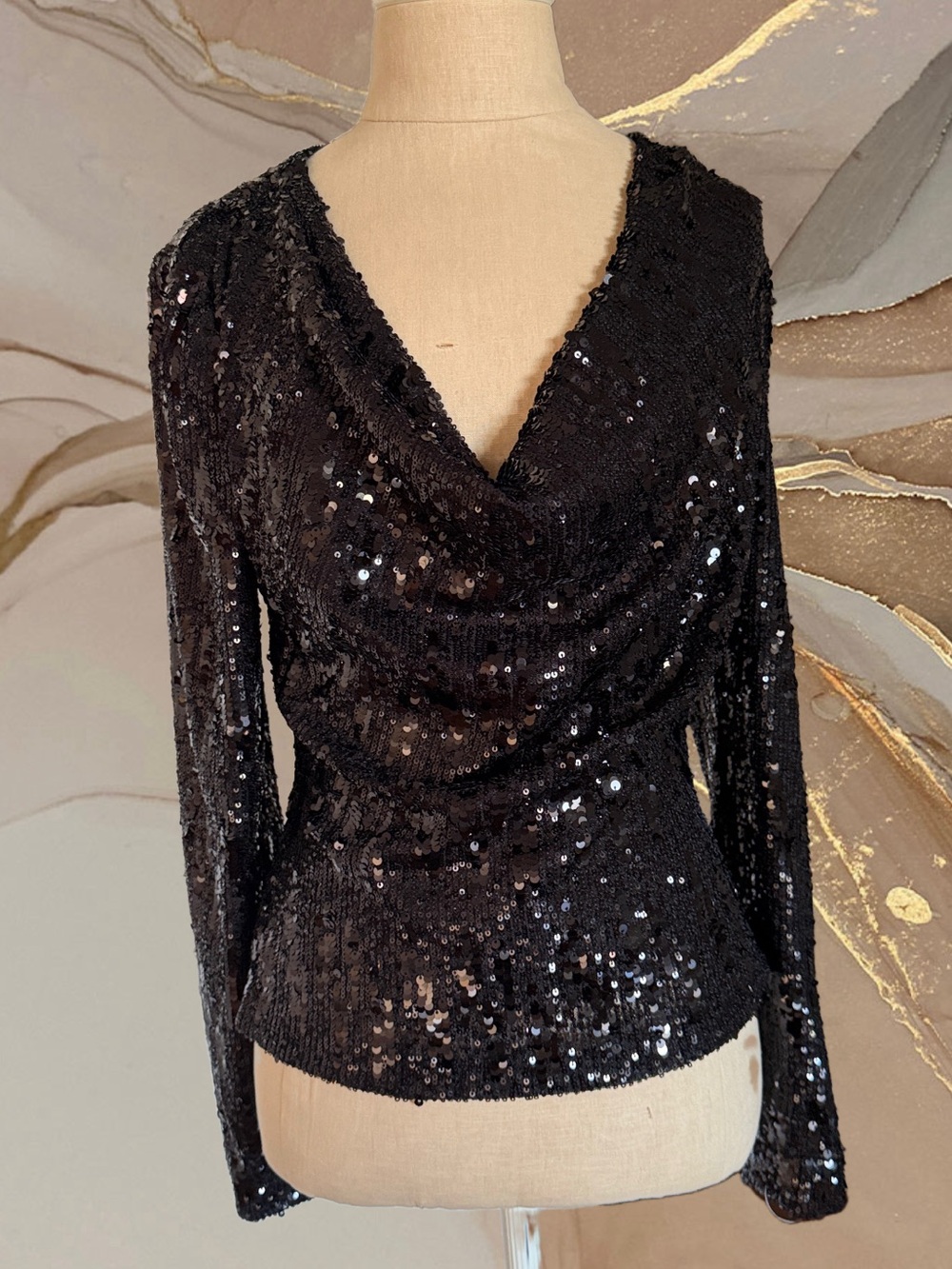 Ramy Brook Black Sequin Long Sleeve Cowl Neck NWOT